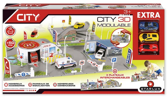 STARLUX City - Circuit Masinute si oras modular cu sectie de pompieri si politie -traseu masinute - parcare masinute