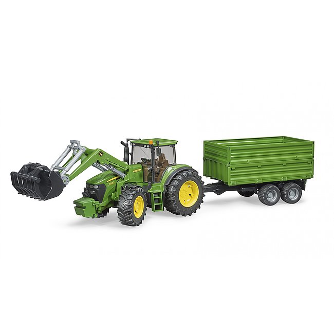 Masinuta Bruder Tractor John Deere 7930 cu remorca si incarcator frontal