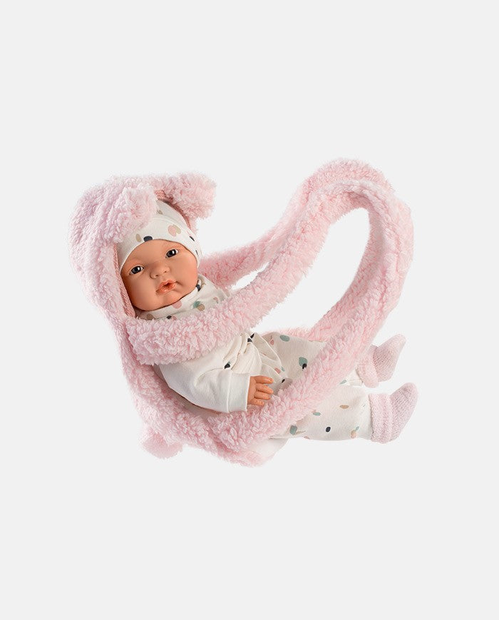 Papusa Llorens 38 cm, Joelle cu portbebe roz 38 cm- sistem de purtare papusi - papusa cu sunete - papusa cu accesorii